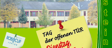 Poster for an open house event at MS Grossteinbach on Tuesday, December 2nd from 8:00 to 12:00. It features a yellow sticky note with red text and a red pin.