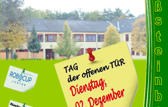 Poster for an open house event at MS Grossteinbach on Tuesday, December 2nd from 8:00 to 12:00. It features a yellow sticky note with red text and a red pin.