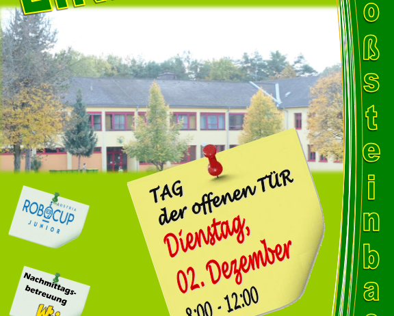 Poster for an open house event at MS Grossteinbach on Tuesday, December 2nd from 8:00 to 12:00. It features a yellow sticky note with red text and a red pin.