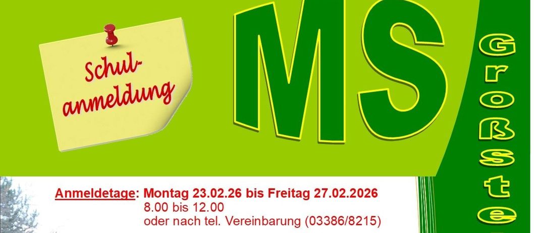 Ein Flyer bewirbt die Anmeldung für eine Veranstaltung an der MS Ronnebach. Die Veranstaltungsdaten sind vom Montag, 23.02.2026, bis Freitag, 27.02.2026, von 8:00 bis 12:00 Uhr. Es gibt Bilder eines Gebäudes und von Menschen, die an einem Projekt arbeiten.