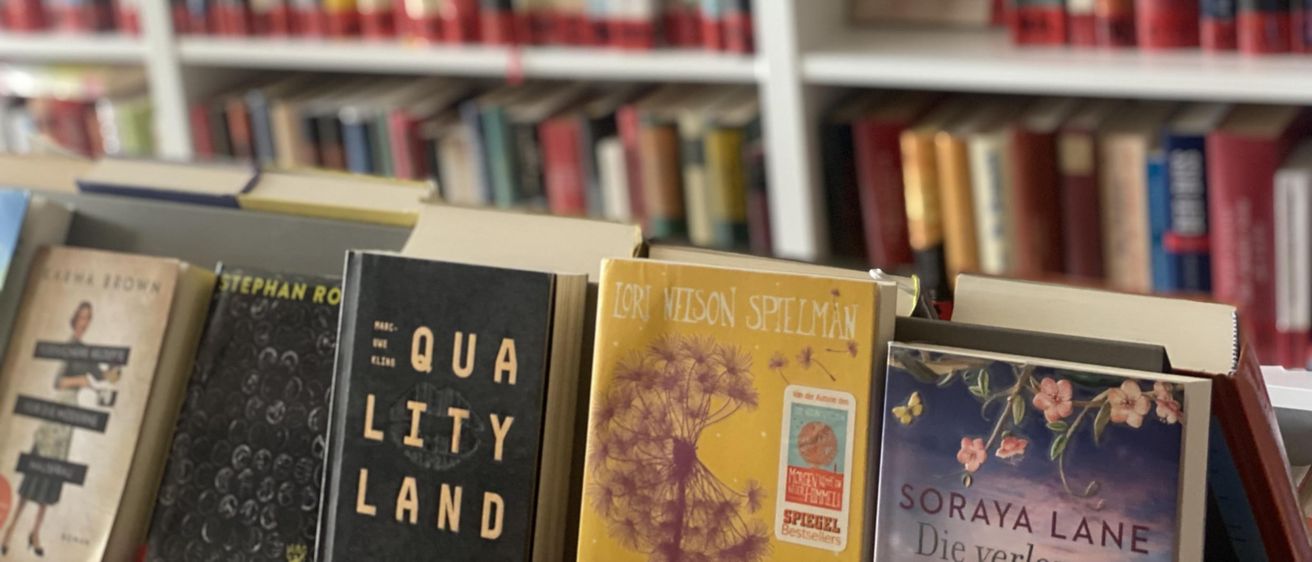 Ein Bücherregal gefüllt mit verschiedenen Büchern, darunter Titel wie 'Quality Land' und 'Löwenzahn', vor einem unscharfen Hintergrund weiterer Bücher.