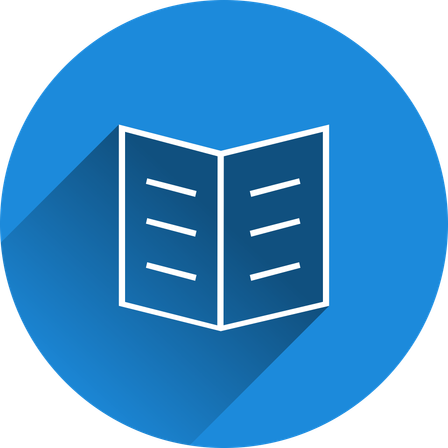 Ein offenes Buch-Symbol in einem blauen Kreis, mit Linien, die Seiten anzeigen.