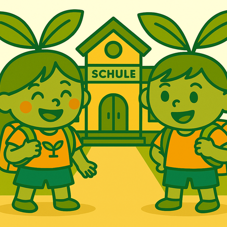 Zwei Cartoon-Hasen, einer mit einem Rucksack, stehen vor einem gelben Gebäude mit einem Schild, das 'SCHULE' steht. Die Hasen haben große Ohren und lächeln.