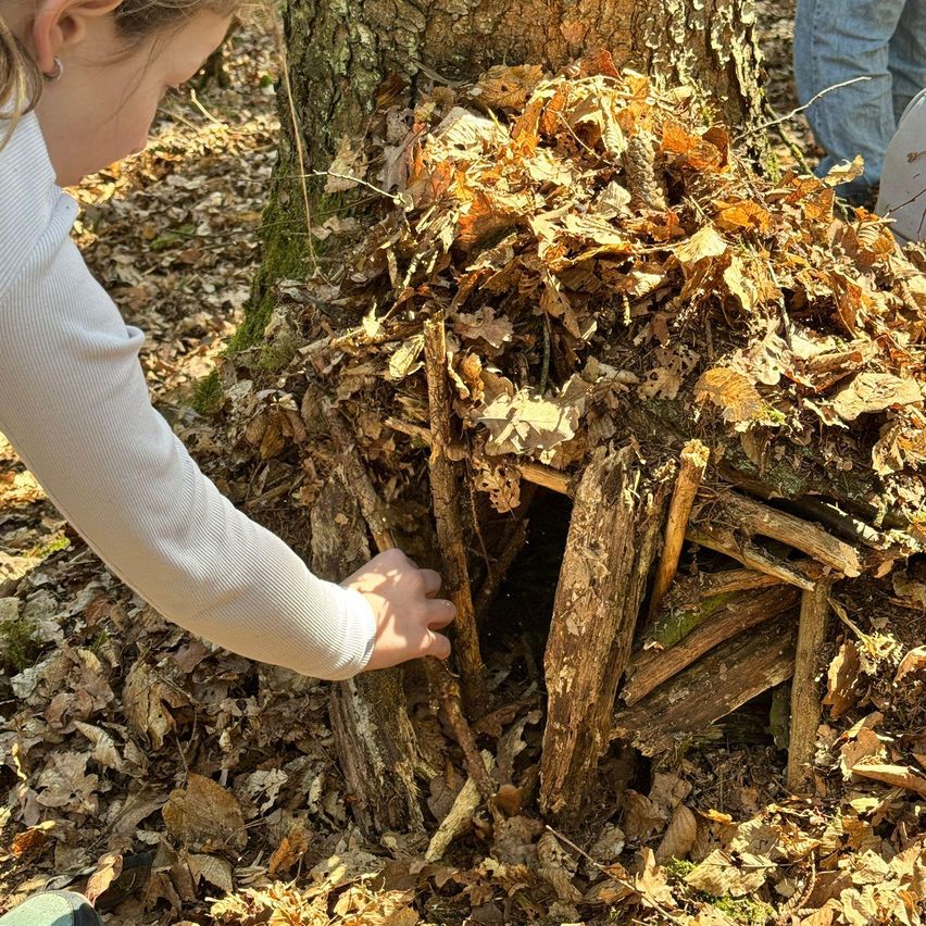 Ein Mädchen inspiziert eine kleine Holzstruktur am Fuße eines Baumes im Wald.