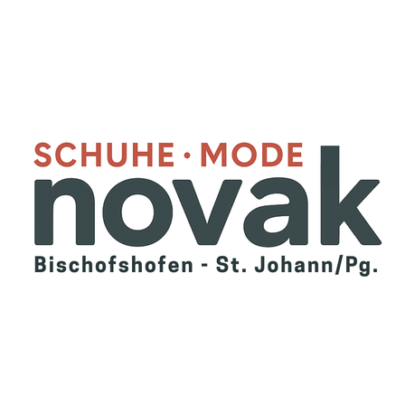 Das Logo für Novak Schuhe und Mode ist auf weißem Hintergrund dargestellt. Es enthält den Text 'Schuhe Mode Novak' über dem Wort 'Novak' in großen Buchstaben. Die Adresse 'Bischofshofen - St. Johann/Pg.' ist darunter geschrieben.