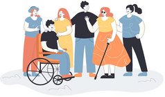 A group of people, including a person in a wheelchair and another with a cane, are standing together, possibly conversing or supporting each other.