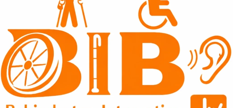 The logo for BIB Berchtesgaden features a man with a cane, a person in a wheelchair, a wheel, and the words 'Behinderten Integration Berchtesgaden.' It is in orange and white.
