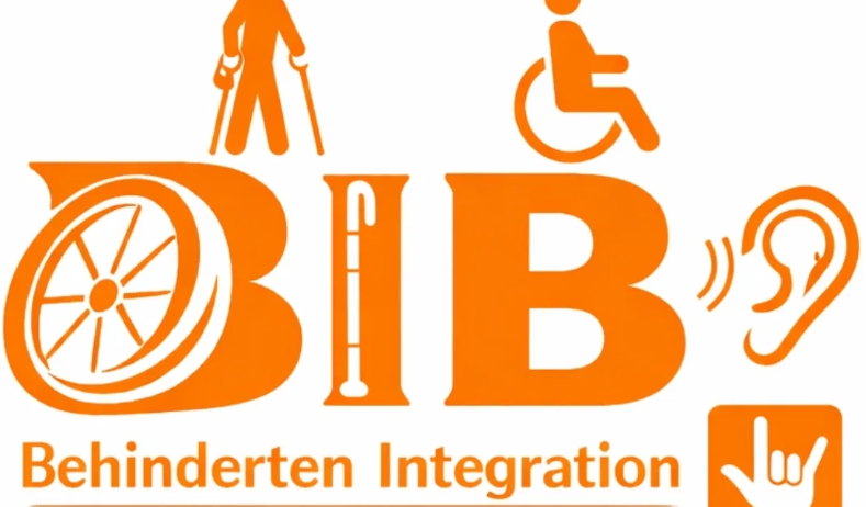Das Logo für BIB Berchtesgaden zeigt einen Mann mit einem Stock, eine Person im Rollstuhl, ein Rad und die Worte 'Behinderten Integration Berchtesgaden.' Es ist in Orange und Weiß.