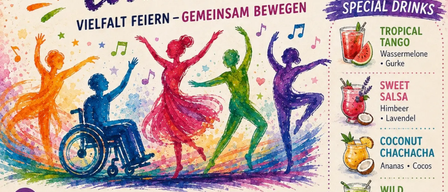 Ein farbenfrohes Plakat für die 'Inklusion tanzt 2.0' Veranstaltung mit lebhaften Illustrationen von tanzenden Menschen, einem Rollstuhlfahrer und einem Herz. Spezielle Getränke und ein Datum sind aufgeführt.