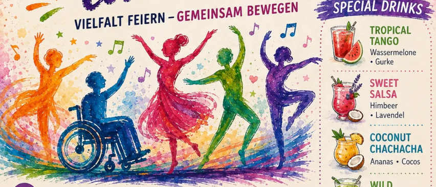 Ein farbenfrohes Plakat für die 'Inklusion tanzt 2.0' Veranstaltung mit lebhaften Illustrationen von tanzenden Menschen, einem Rollstuhlfahrer und einem Herz. Spezielle Getränke und ein Datum sind aufgeführt.