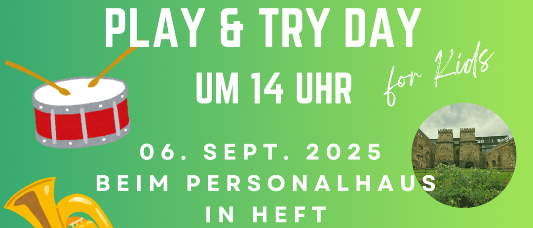Eine Anzeige für einen Play & Try Day für Kinder am 6. September 2025 im Personalhaus in Heft mit Musikinstrumenten und einer Burg.