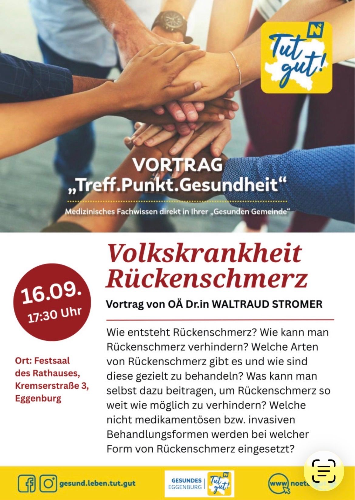 Poster advertising a health talk on back pain. It features a group of hands clasped together, a date, and a speaker's name. The event is scheduled for September 16th at 5:30 PM.