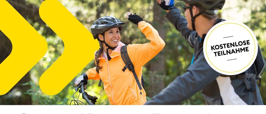 Plakat für eine kostenlose gesundheitsorientierte Fahrradtour rund um den Klopein-See am 3. Mai 2025 mit zwei winkenden Radfahrern und einem Herzsymbol.