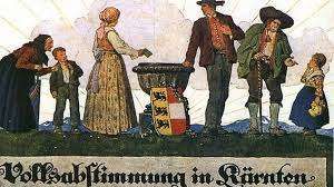 Eine Illustration zeigt eine Gruppe von Menschen, die in einem Kreis stehen. Eine Frau reicht einem Mann ein Stück Papier. Ein Schild mit einem Wappen ist in der Mitte. Der Hintergrund zeigt Berge.