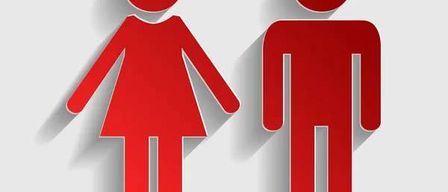 Ein rotes Symbol einer Frau steht neben einem roten Symbol eines Mannes auf einem grauen Hintergrund. Beide Symbole sind einfach und abstrakt.