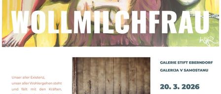 Eine Werbung für Wollmilchfrau zeigt eine Frau in schwarzer Kleidung mit einem Musikinstrument. Der Hintergrund zeigt ein Gemälde einer Frau mit rotem Haar. Die Veranstaltung findet am 20. März 2026 in der Galerie Stift Eberndorf um 17:00 Uhr statt.