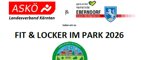 Plakat für die Veranstaltung Fit & Locker im Park 2026 mit Logo, Personen beim Sport und Logos für Ask und Eberndorf.