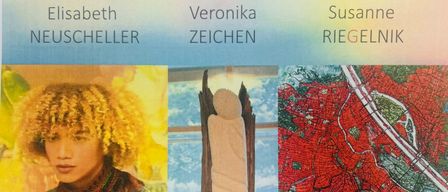 Drei Bilder von Kunstwerken verschiedener Künstler. Das erste Bild zeigt eine Person mit lockigem Haar, das zweite ist eine Holzskulptur und das dritte eine Karte mit roten und grünen Bereichen.