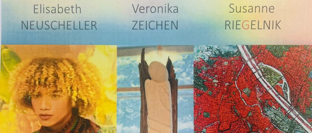 Drei Bilder von Kunstwerken verschiedener Künstler. Das erste Bild zeigt eine Person mit lockigem Haar, das zweite ist eine Holzskulptur und das dritte eine Karte mit roten und grünen Bereichen.