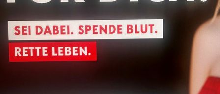 Ein Plakat mit dem Gesicht einer Frau, blonden Haaren, rotem Lippenstift und einem Nasenring. Der Text lautet 'S für A + r dich.' und 'I. Spende Blut.' in weiß auf schwarzem Hintergrund.