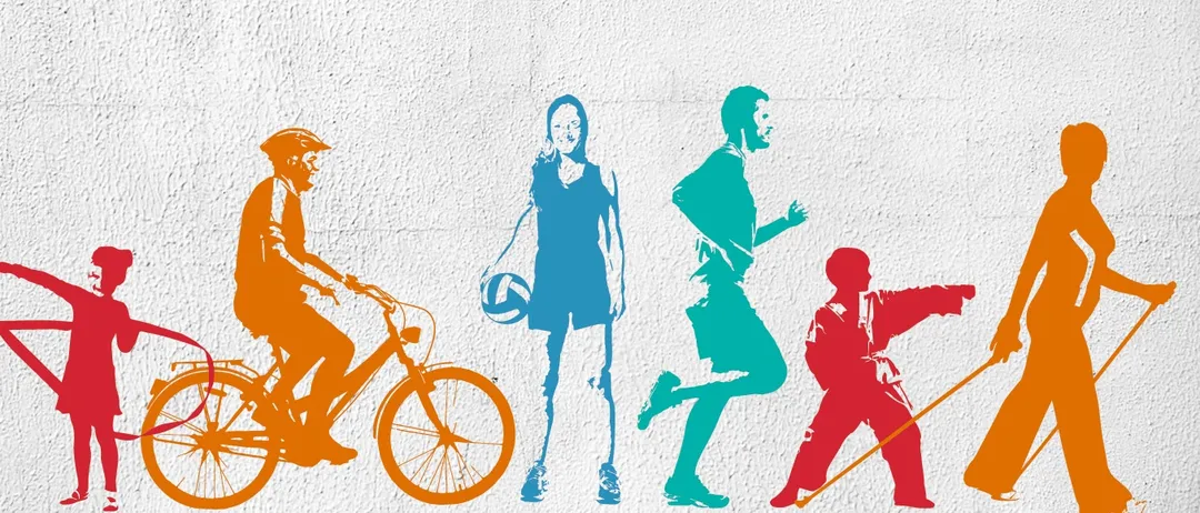 Plakat zur Förderung einer Fitnesskampagne mit verschiedenen Aktivitäten und einem Slogan. Es zeigt eine Gruppe von Menschen, die verschiedene Übungen machen, darunter Radfahren, Laufen und Sport treiben. Das Plakat enthält auch eine Website-Adresse und einen Handlungsaufruf.
