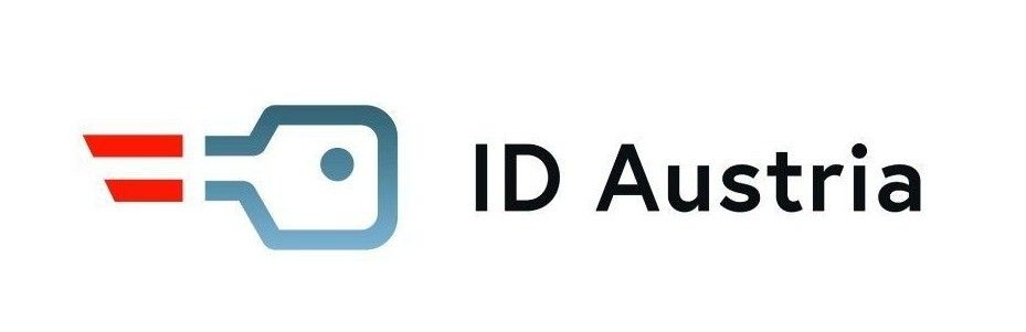 Das Logo für ID Austria wird auf weißem Hintergrund angezeigt. Es zeigt ein schlüsselähnliches Design mit blauen und roten Elementen.