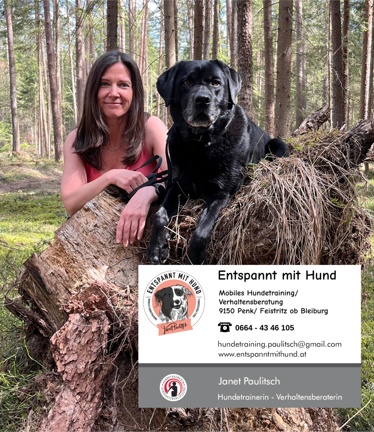 A woman in a red shirt and a black dog sit on a log in a forest. The dog has a collar. A business card reads 'Entspannt mit Hund' with contact information.