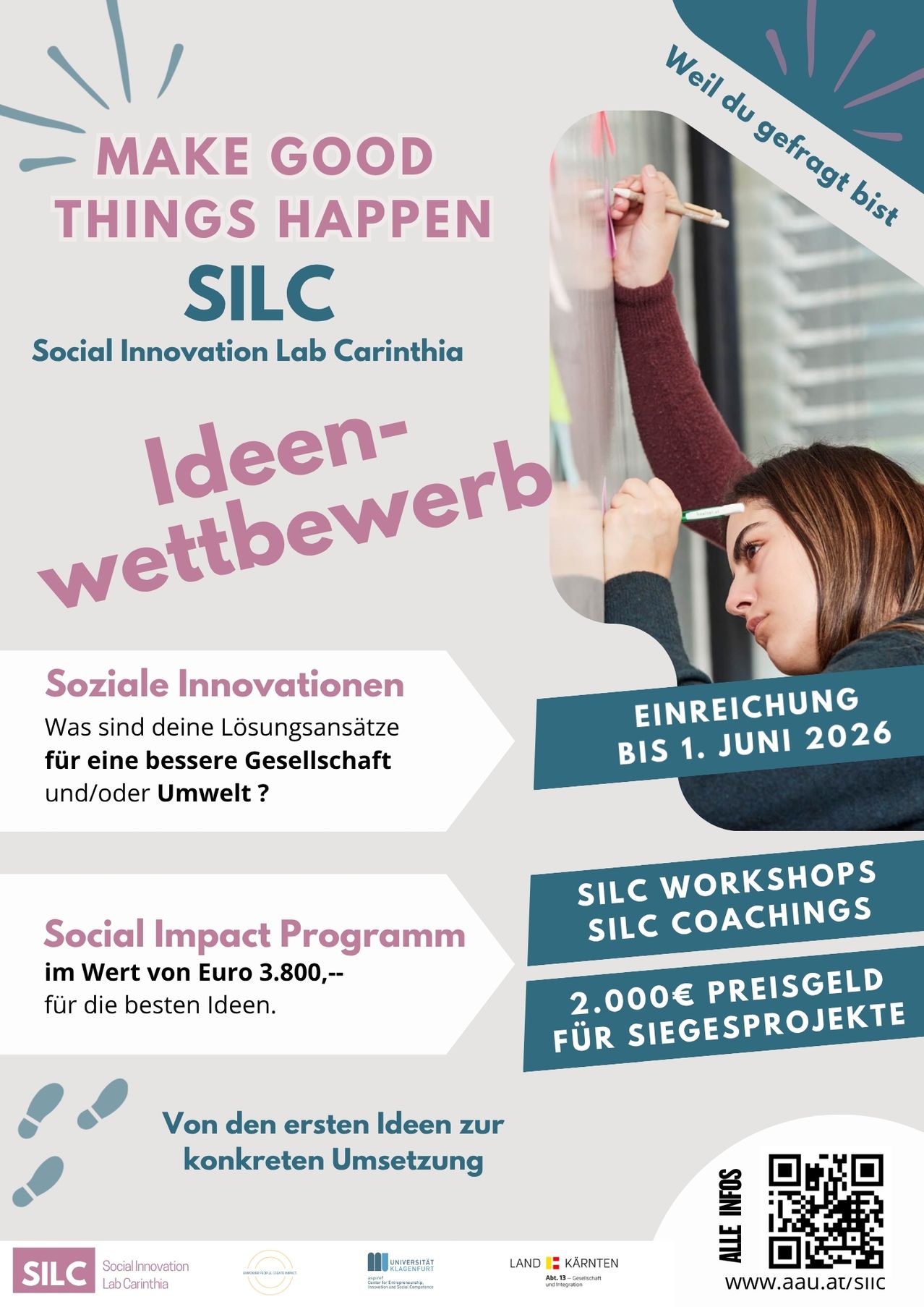 Poster for SILC social innovation lab. Deadline is June 1, 2026. Social Impact Program for best ideas. Workshops and coachings offered.