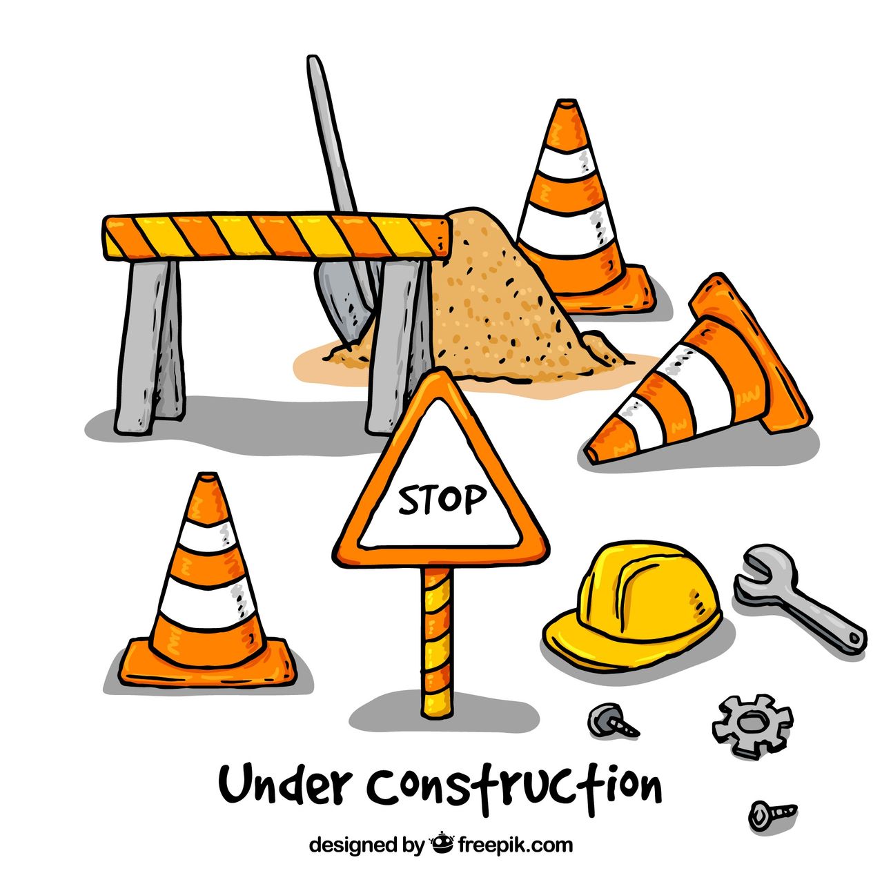 Illustration von Bauwerkzeugen mit einem STOP-Schild und Verkehrskegeln, das auf einen im Bau befindlichen Bereich hinweist.