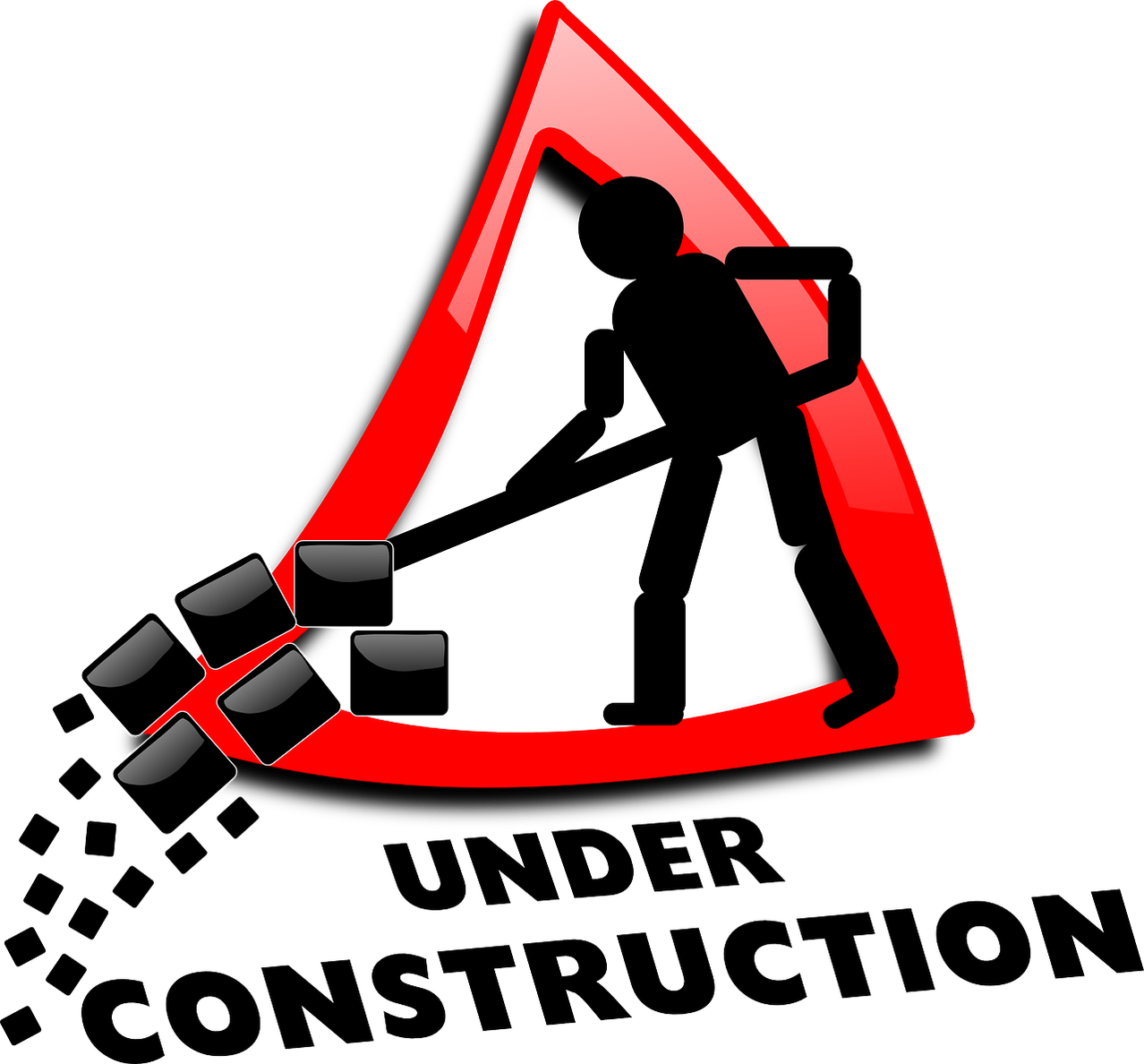 Ein rotes Warnzeichen mit einer Silhouette eines Arbeiters, der ein Werkzeug hält, umgeben von quadratischen Symbolen, mit dem Text 'UNTER KONSTRUKTION' darunter.