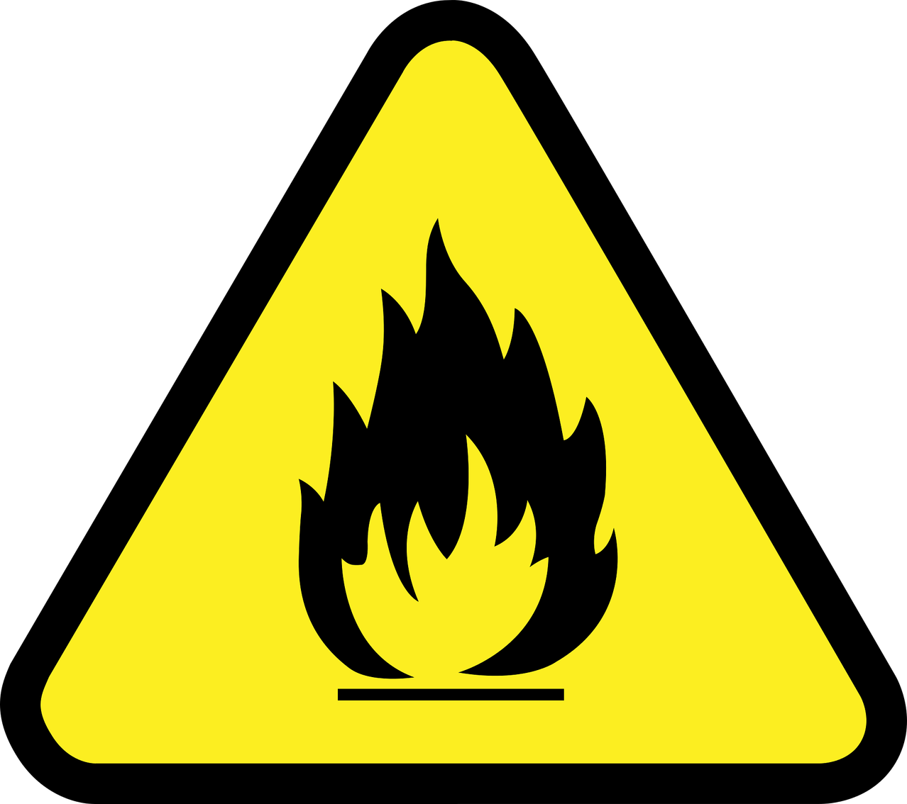 Ein gelbes Dreieck mit einem schwarzen Flammensymbol darin, das auf eine brennbare Gefahr hinweist.