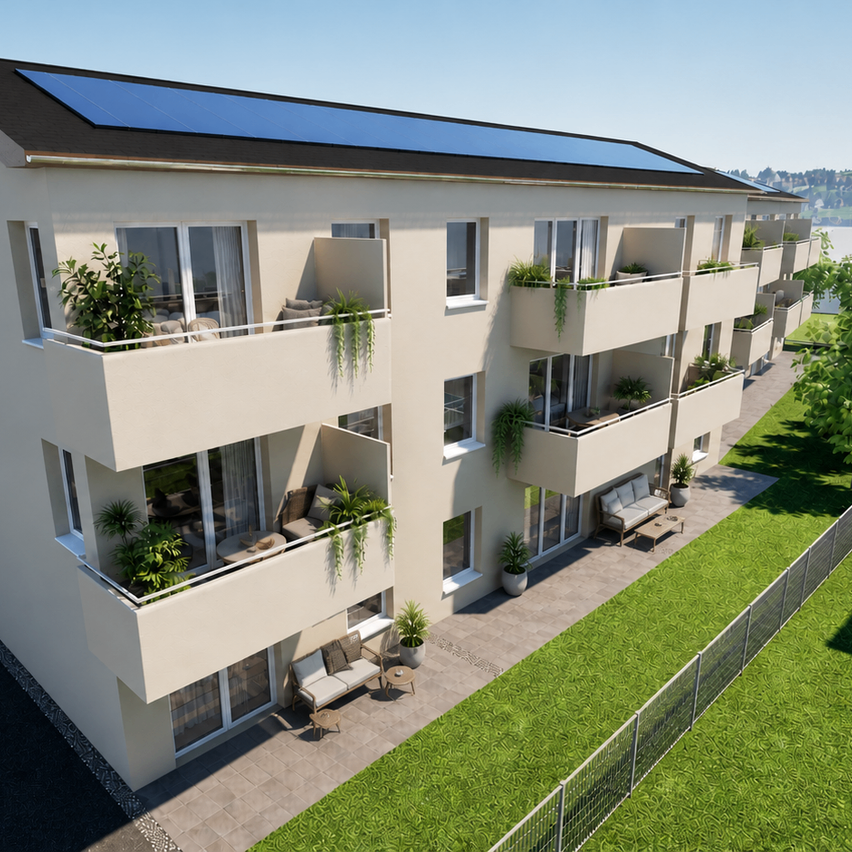 Luftaufnahme eines modernen Mehrfamilienhauses mit Solarpanelen auf dem Dach. Das Gebäude hat mehrere Balkone mit Pflanzen und Gartenmöbeln.