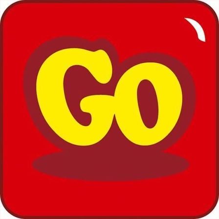 Das Wort Go ist in fetter gelber Schrift auf rotem Hintergrund in Herzform geschrieben.