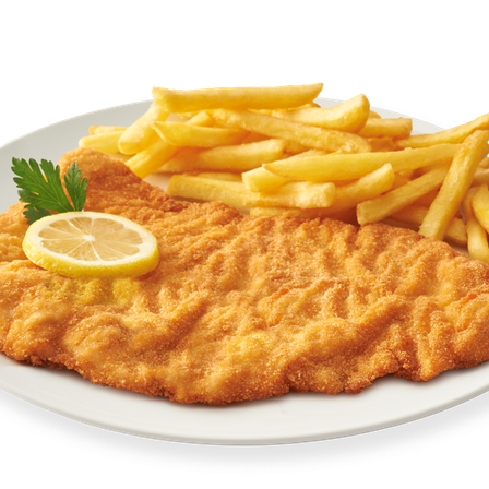 Ein Teller mit gebratenem Fischfilet und goldenen Pommes frites. Eine Zitronenscheibe und Petersilie garnieren das Gericht.