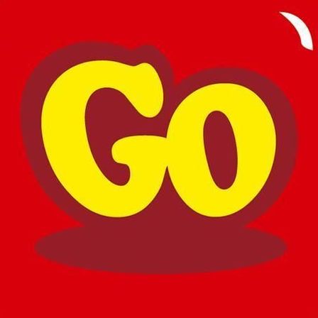 Ein rotes Quadrat mit einem gelben 'Go' Logo in der Mitte, umgeben von einem roten Rand.