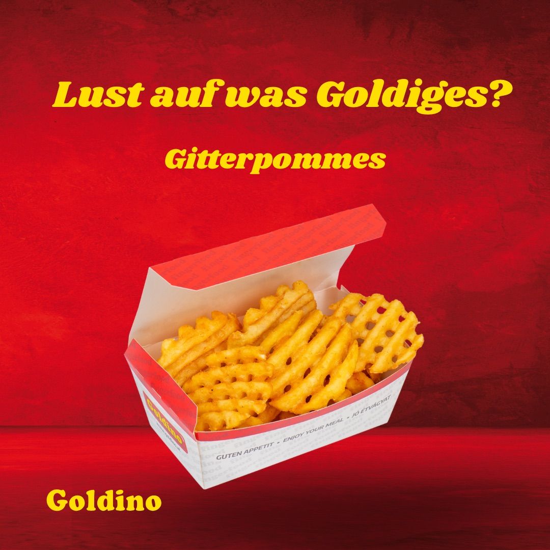 Eine Box mit goldenen welligen Pommes Frites auf rotem Hintergrund fragt, ob du etwas Goldenes willst. Der Markenname Goldino befindet sich unten.