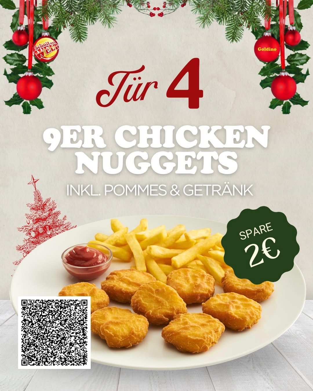 Am Tag 4 gibt es ein festliches Menü mit Chicken Nuggets, Pommes und einem Getränk für 9 Euro. Sonderangebot: Spare 2 Euro. QR-Code für Details.