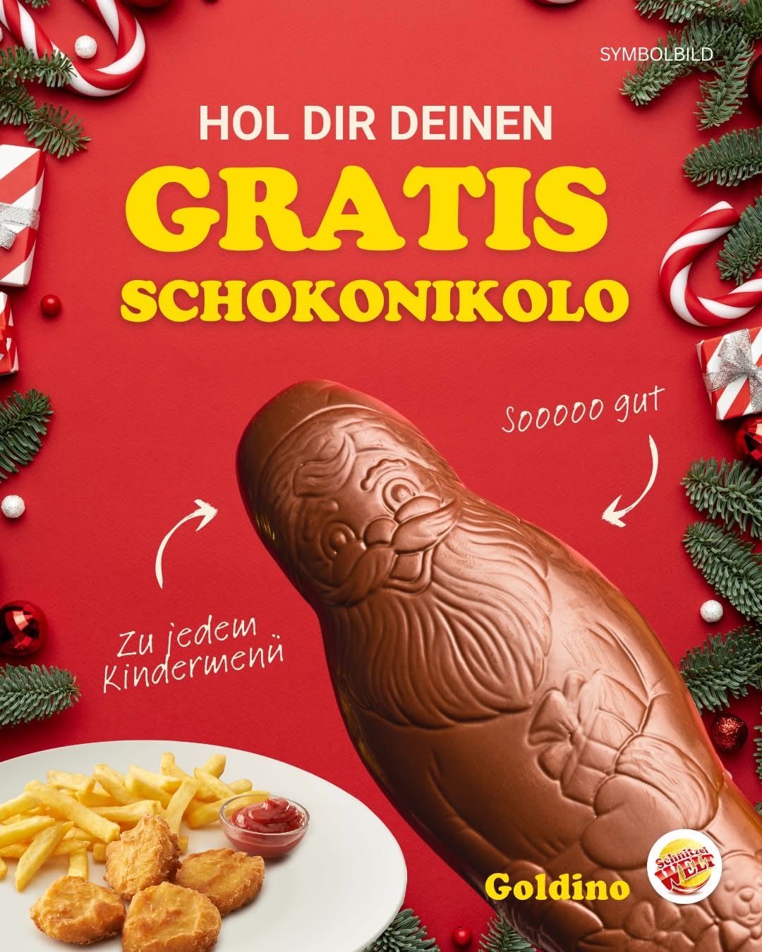 Ein roter Plakat mit einer Schokoladenfigur bietet ein kostenloses Schokoladen-Osterei für jede Kinderkarte. Das Plakat zeigt einen Teller mit Pommes und Ketchup und ist mit Weihnachtselementen verziert.