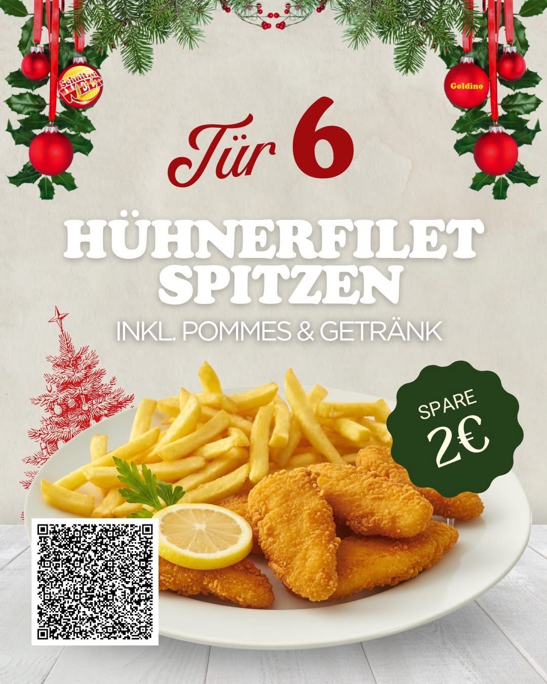 Ein festlicher Werbespot für Hähnchenfilets mit Pommes und einem Getränk, das einen Rabatt von 20 Cent anbietet. Es zeigt einen weißen Teller mit einem goldbraunen Hähnchenfilet, einer Zitronenscheibe und goldbraunen Pommes. Ein grüner kreisförmiger Aufkleber mit 'SPARE 20' befindet sich auf der rechten Seite des Tellers. Ein rotes Ornament hängt oben rechts.