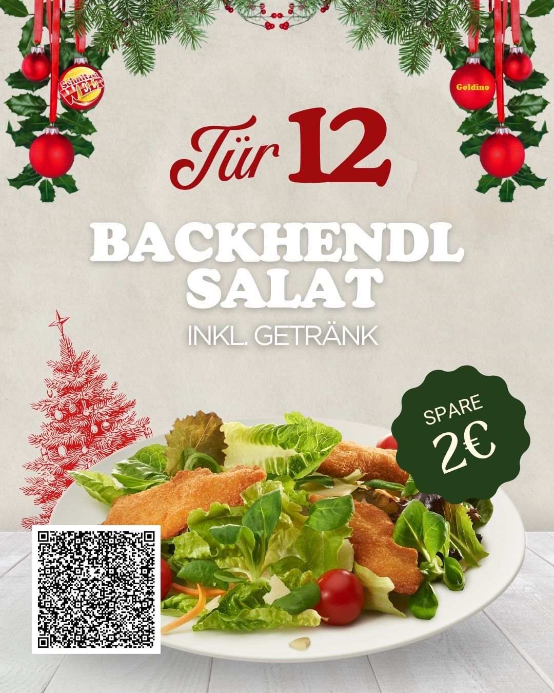 A festive menu for December 12th, featuring a chicken salad with dressing, a discount of 2 euros, and a QR code for additional information.