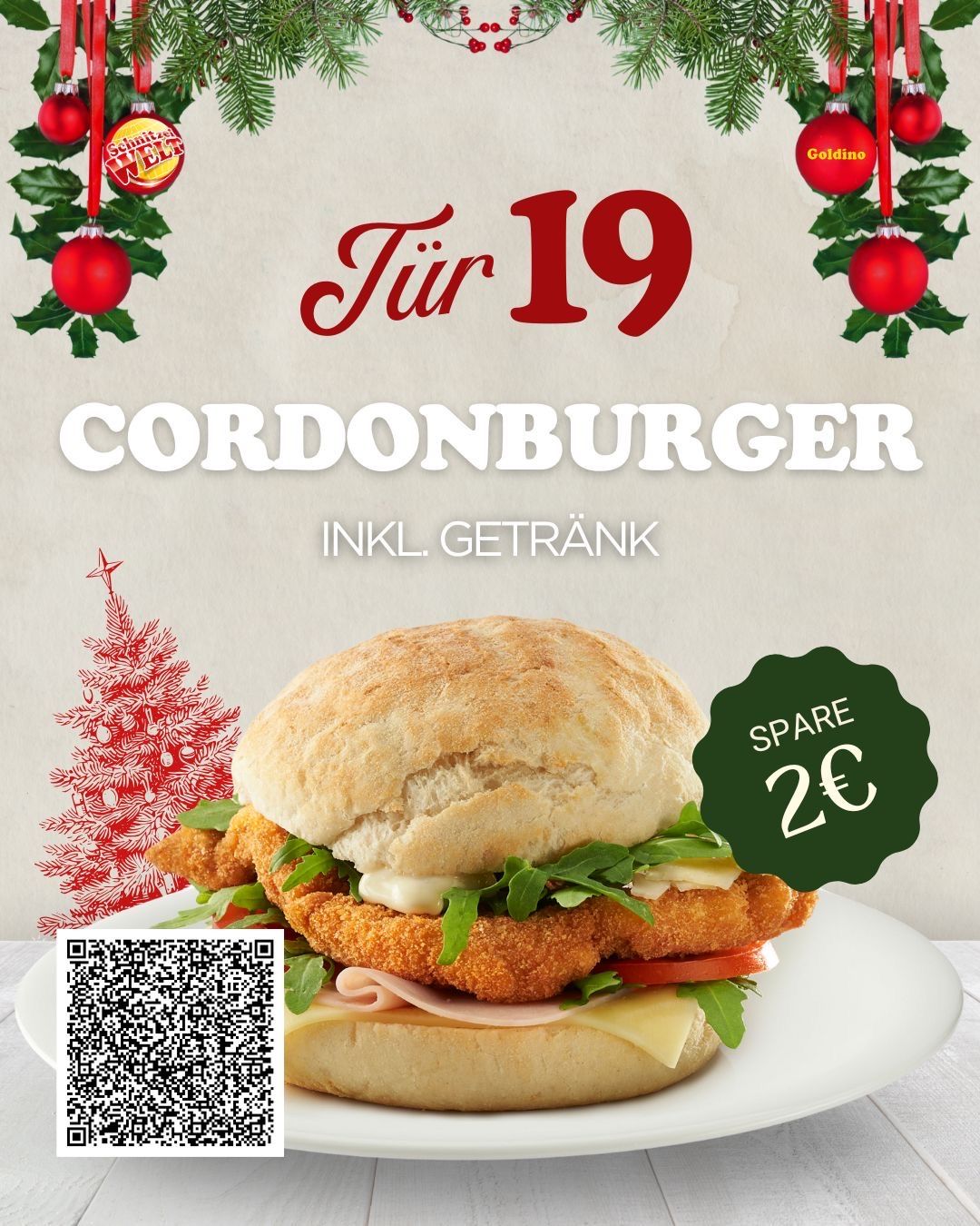Ein Weihnachtswerbeposter für Cordon Burger mit einem Sparangebot von 20 Cent. Der Burger ist auf einem weißen Teller mit einem QR-Code auf der linken Seite.