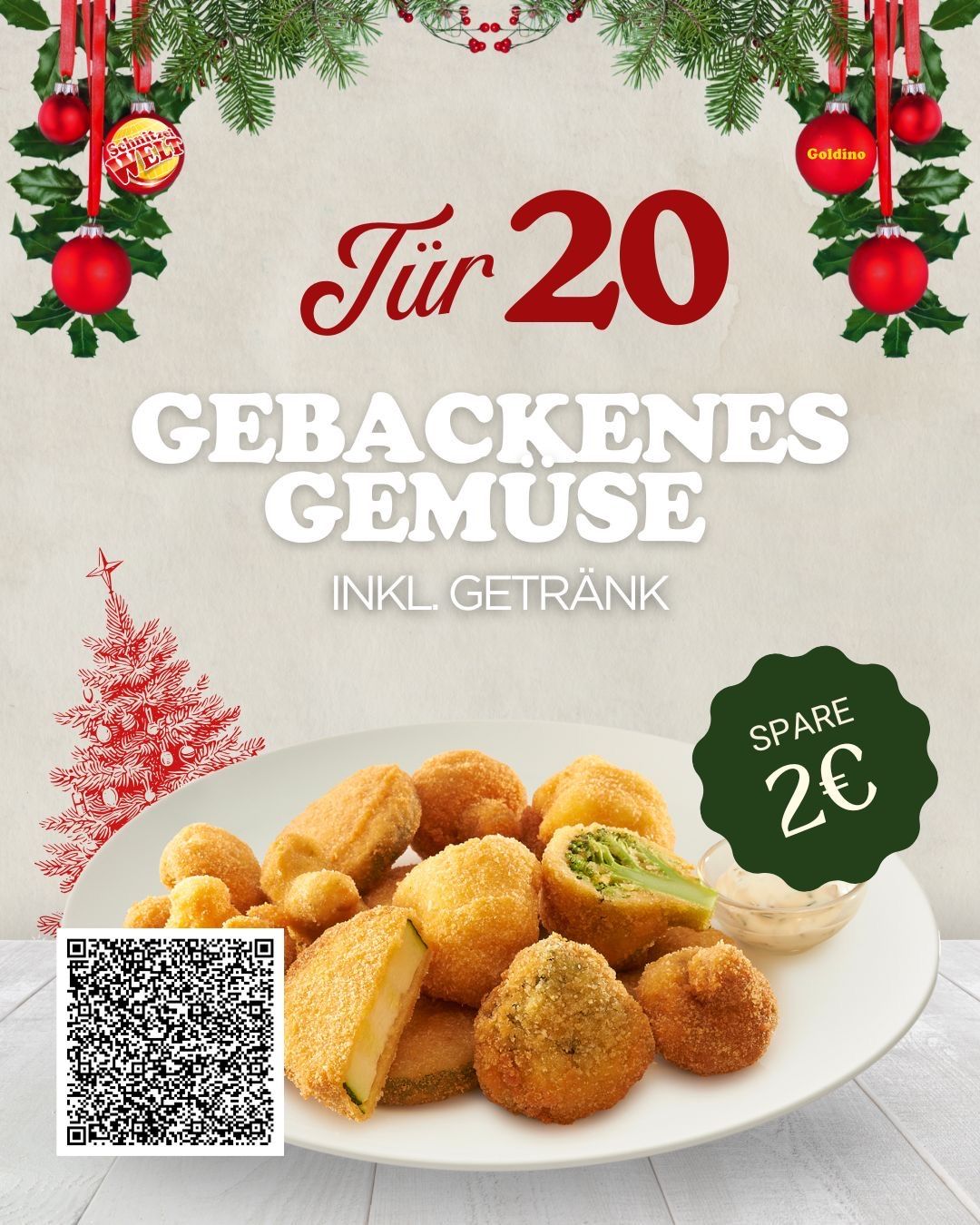 Werbeposter für gebackenes Gemüse, inklusive Getränk, mit einem Rabatt von 2 Euro. Das Poster zeigt einen Weihnachtsbaum, rote Ornamente und einen QR-Code.