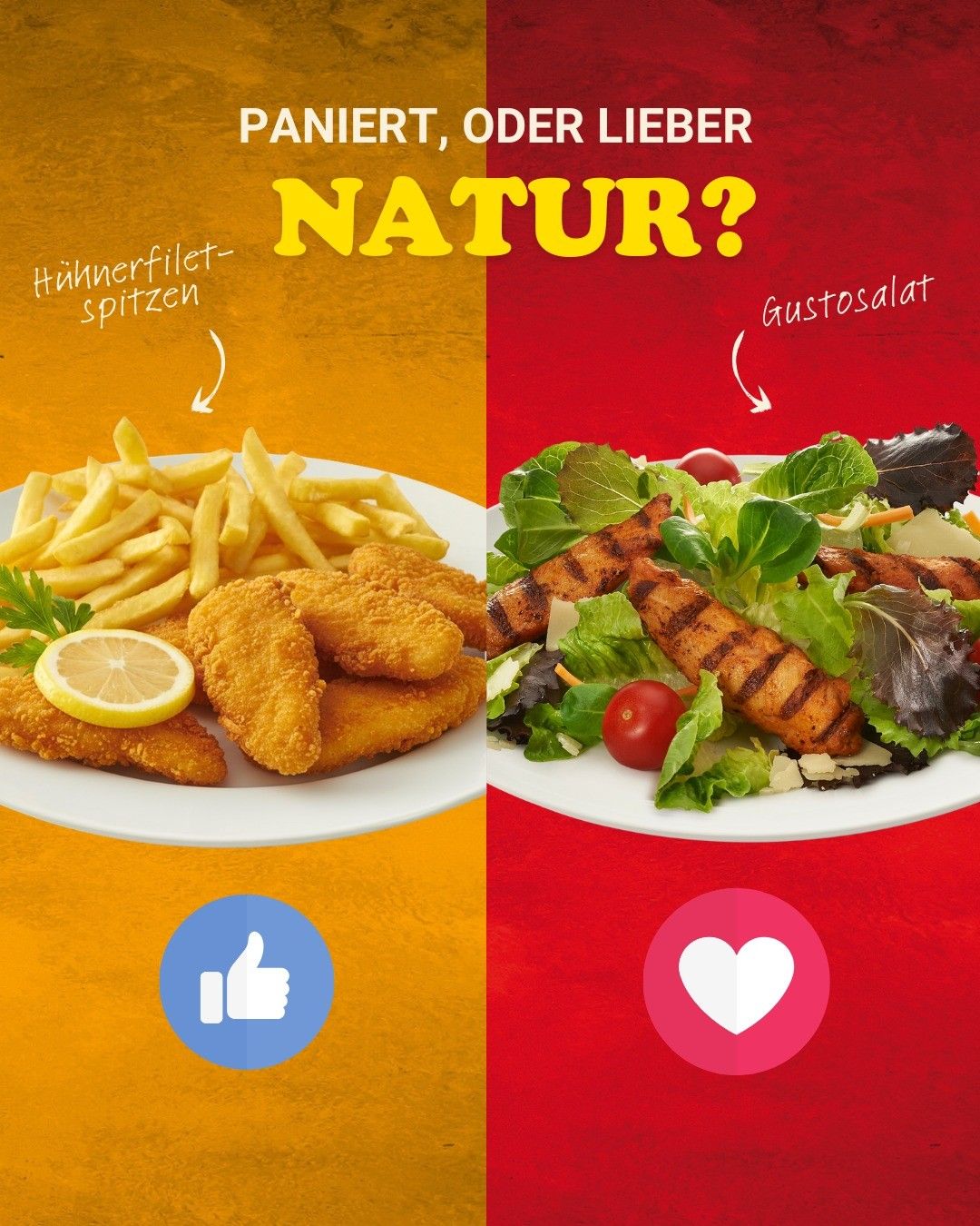 Zwei Teller mit Essen, einer mit gebratenem Hähnchen und Pommes, der andere mit einem gegrillten Hähnchensalat. Beide haben Daumen hoch und Herz-Symbole.