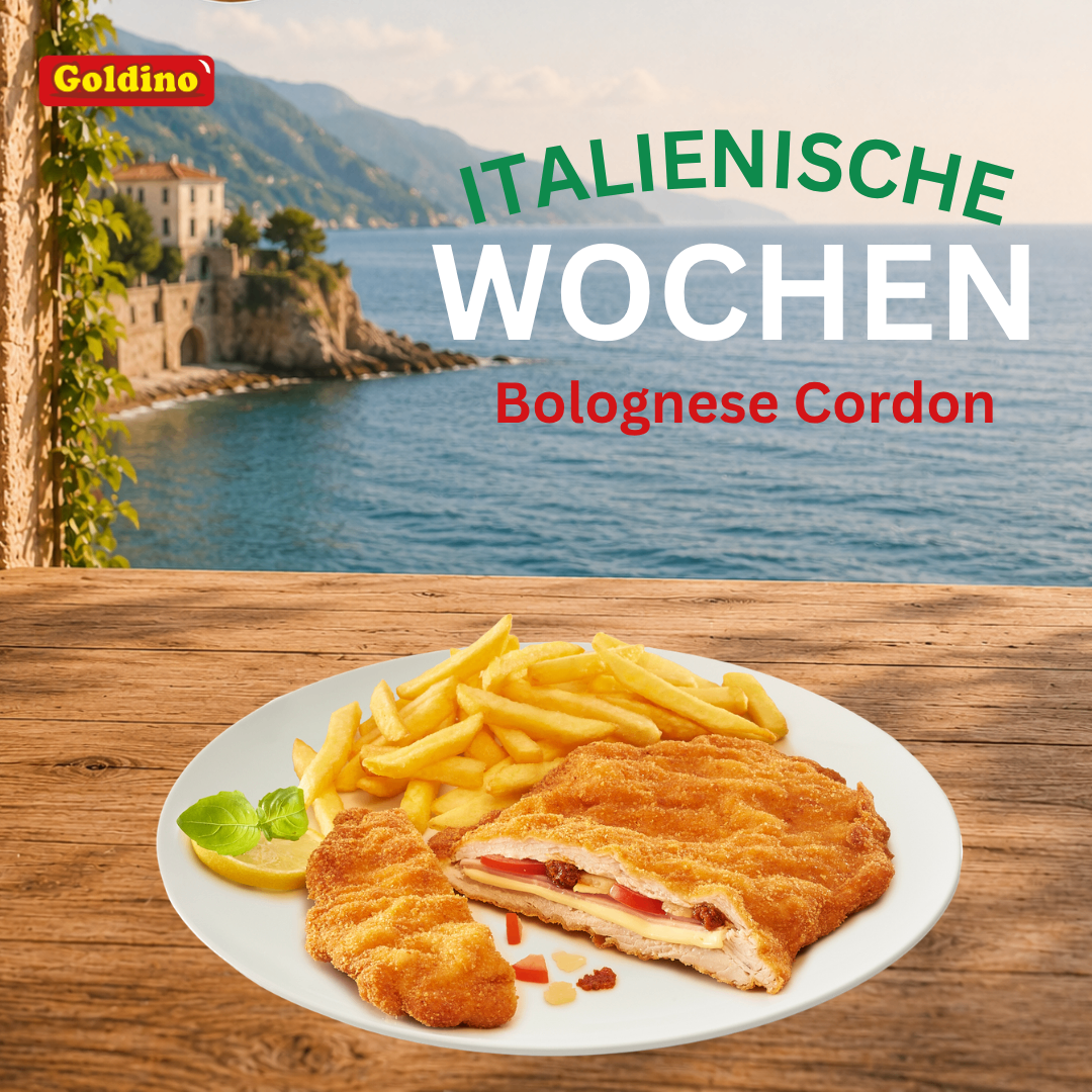 A plate of Italian-style cordon bleu with French fries and a lemon wedge on a wooden table, with a scenic Italian coastline in the background.