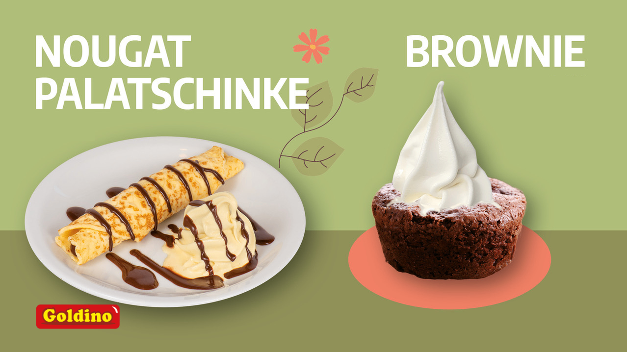 Ein Teller mit einem Schokoladen-Crepe und einem Brownie mit Schlagsahne auf grünem Hintergrund.