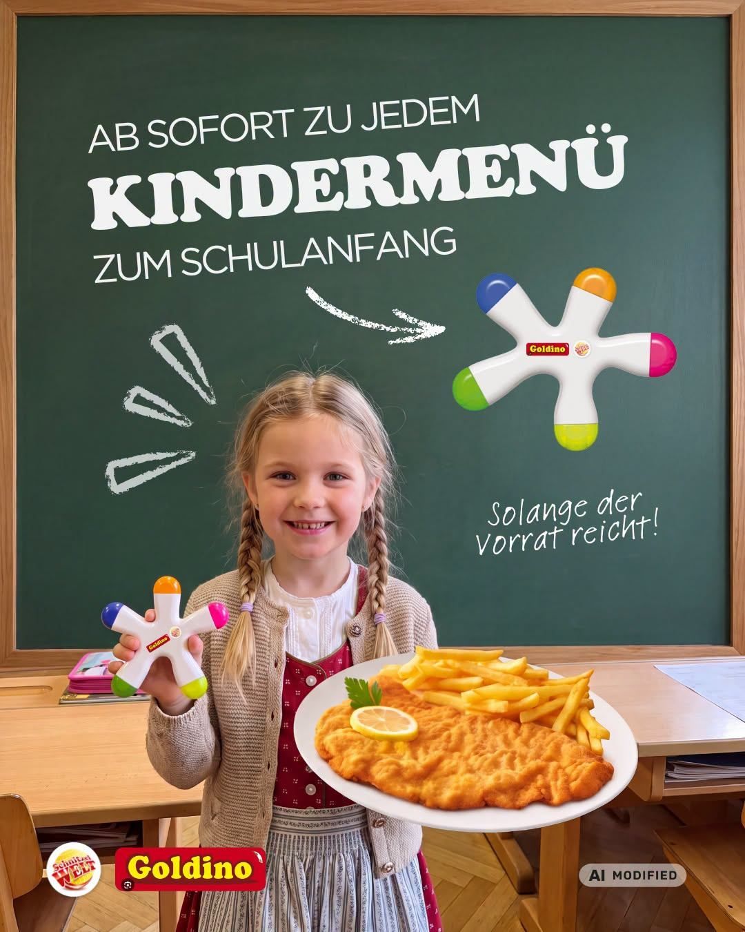 A young girl holding a toy and a plate of food in front of a chalkboard with a message.
