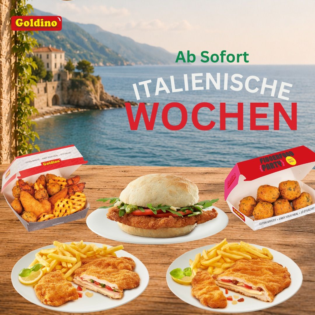 Goldino Italienische Wochen. Eine Auswahl an Mahlzeiten in Boxen. Gebratener Fisch, Hähnchen und Burger mit Pommes frites. Im Hintergrund sind Meer und ein Haus zu sehen.