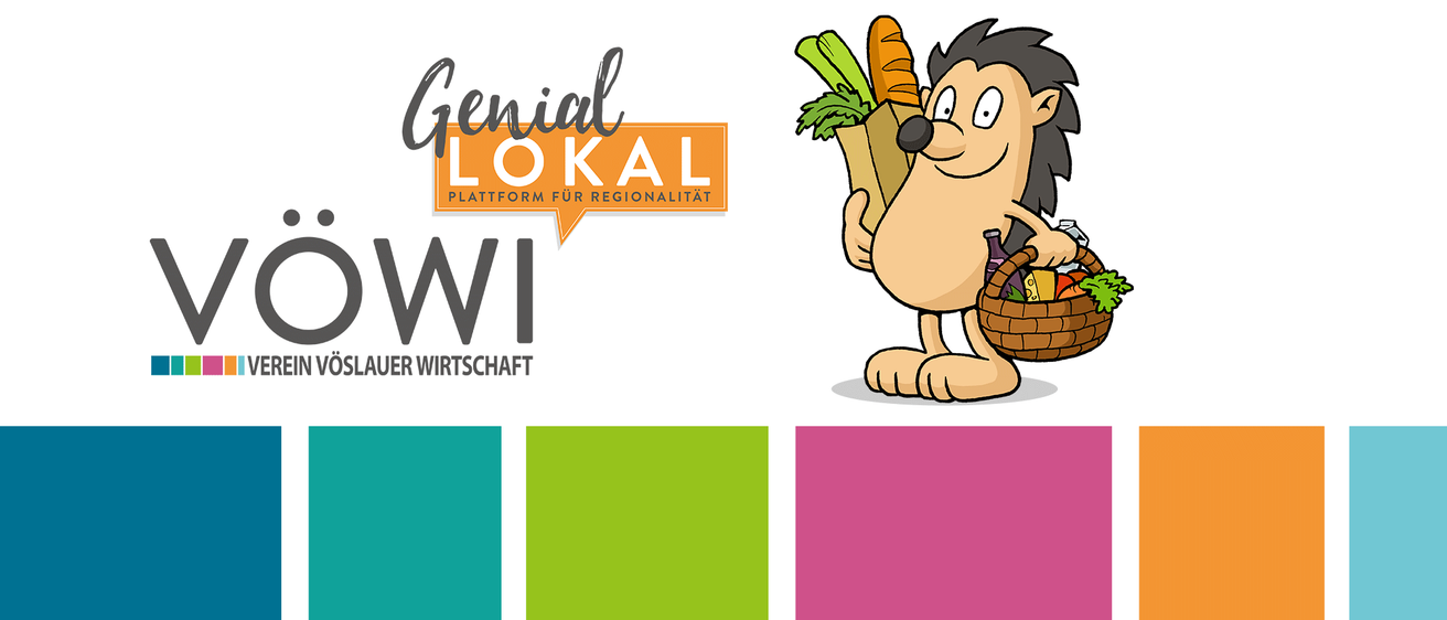 Ein Igel-Charakter, der einen Korb mit Gemüse und eine Flasche trägt, mit dem Logo 'Genial Lokal' und den Worten 'Plattform für Regionalität' darüber.