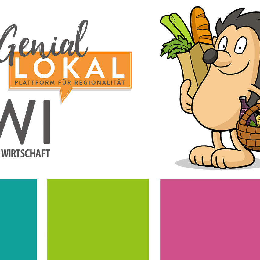 Ein Igel-Charakter, der einen Korb mit Gemüse und eine Flasche trägt, mit dem Logo 'Genial Lokal' und den Worten 'Plattform für Regionalität' darüber.