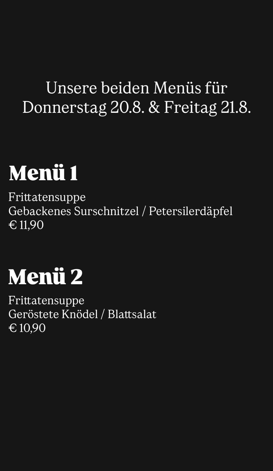 A black menu card with white text. It lists two Friday menus. Menu 1 includes baked trout with parsley potato for 11.90 euros. Menu 2 includes roasted dumplings with leaf salad for 10.90 euros.
